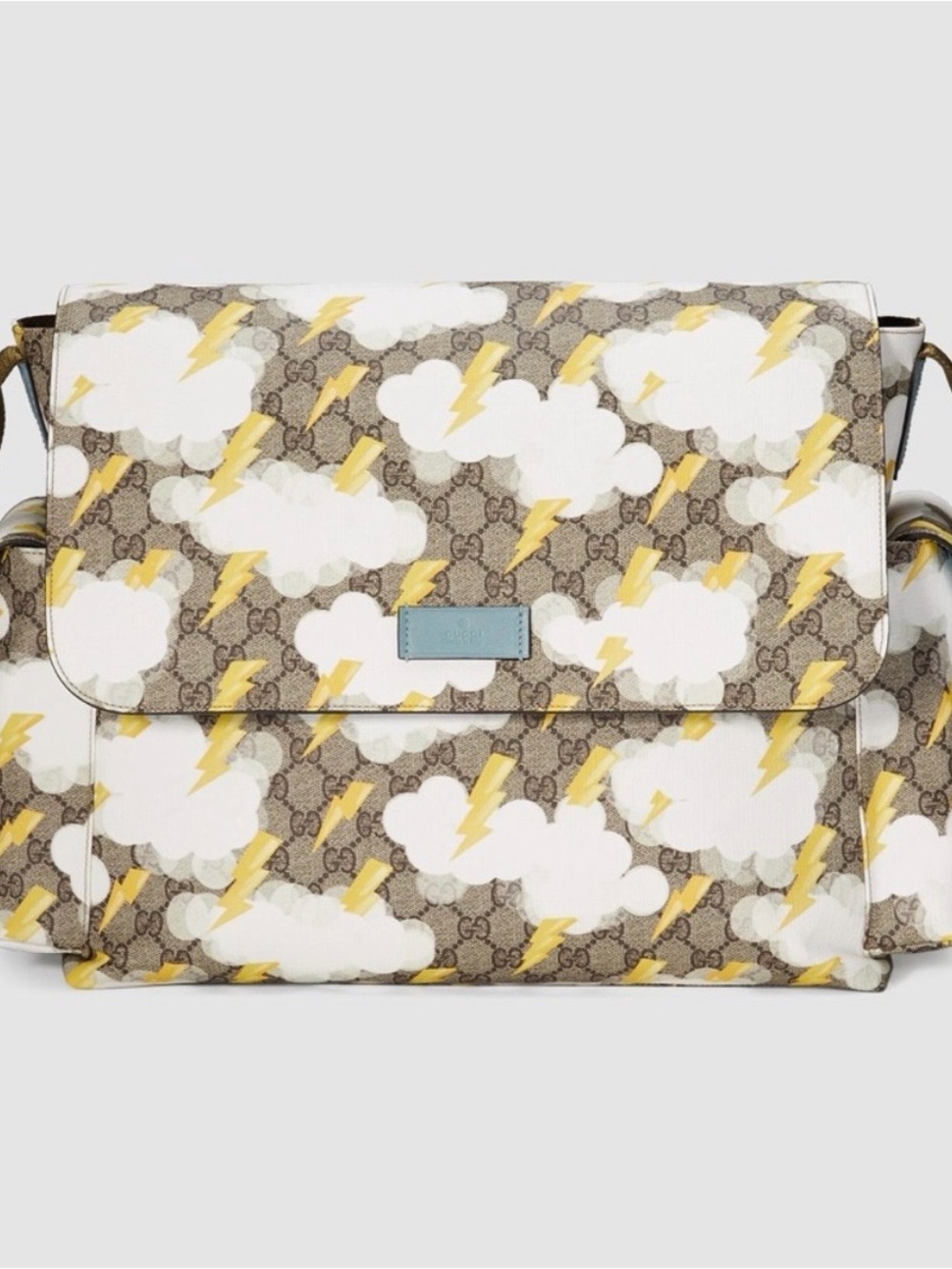 Gucci Beige Monogram Baby Diaper Bag with White Clouds & Yellow Lightning